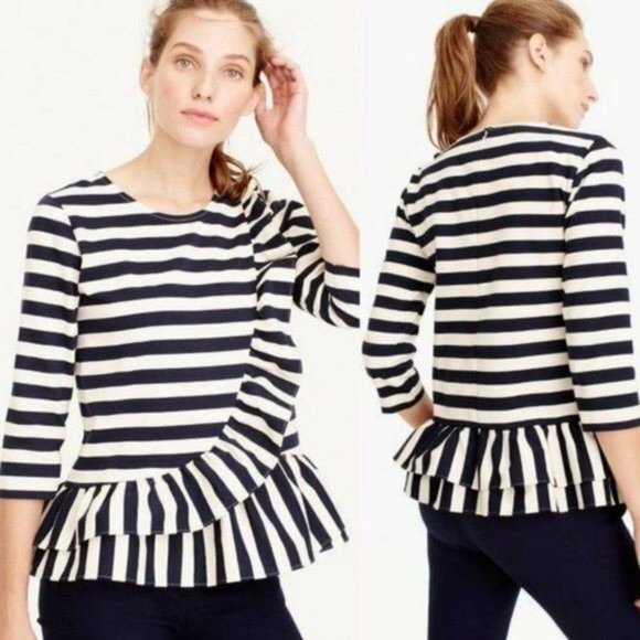J. CREW Women's Ivory White Navy Striped Peplum Top MEDIUM Asymmetrical Cotton - Picture 9 of 11